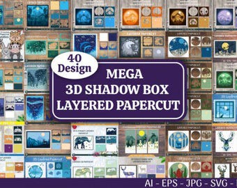 May include: A collage of 3D shadow box layered papercut designs. The designs feature various themes, including animals, landscapes, and celestial scenes. The image includes the text "MEGA 3D SHADOW BOX LAYERED PAPERCUT" and "40 Design". The image also includes the file types: AI, EPS, JPG, SVG, and PNG.