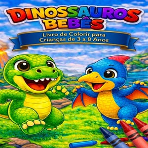 Op de afbeelding: Kleurrijke kinder kleurboek cover met twee cartoon dinosaurussen. De groene dinosaurus lacht, en de blauwe dinosaurus heeft zijn vleugels gespreid. De titel luidt "DINOSSAUROS BEBÊS" met de tekst "Livro de Colorir para Crianças de 3 a 8 Anos". Kleurpotloden staan onderaan.