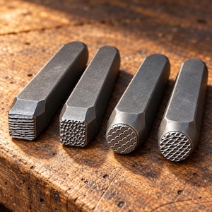May include: Four dark grey metal stamping tools with distinct textured heads. The first tool has a horizontal line pattern, the second a pebbled texture, the third a scalloped scale design, and the fourth a cross-hatched diamond pattern.