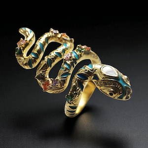 18K Gold Snake Ring: Sterling Silver Serpent with Zircon Gemstones