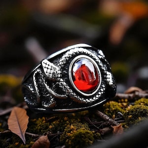 Peut inclure: Bague argentée ornée d'un motif de serpent entourant une grosse pierre rouge ovale. Le design de la bague est détaillé, mis en valeur sur un fond de mousse et de feuilles.