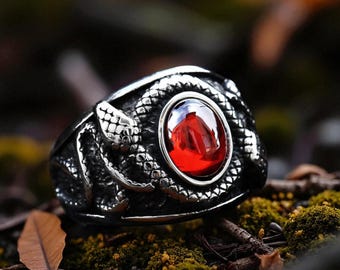 Anillo de serpiente de doble cabeza: joyería gótica de acero inoxidable con baño de platino