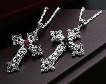 Detailed Cross Pendant Necklace Gothic Punk Silver Charm Statement Jewelry Gift