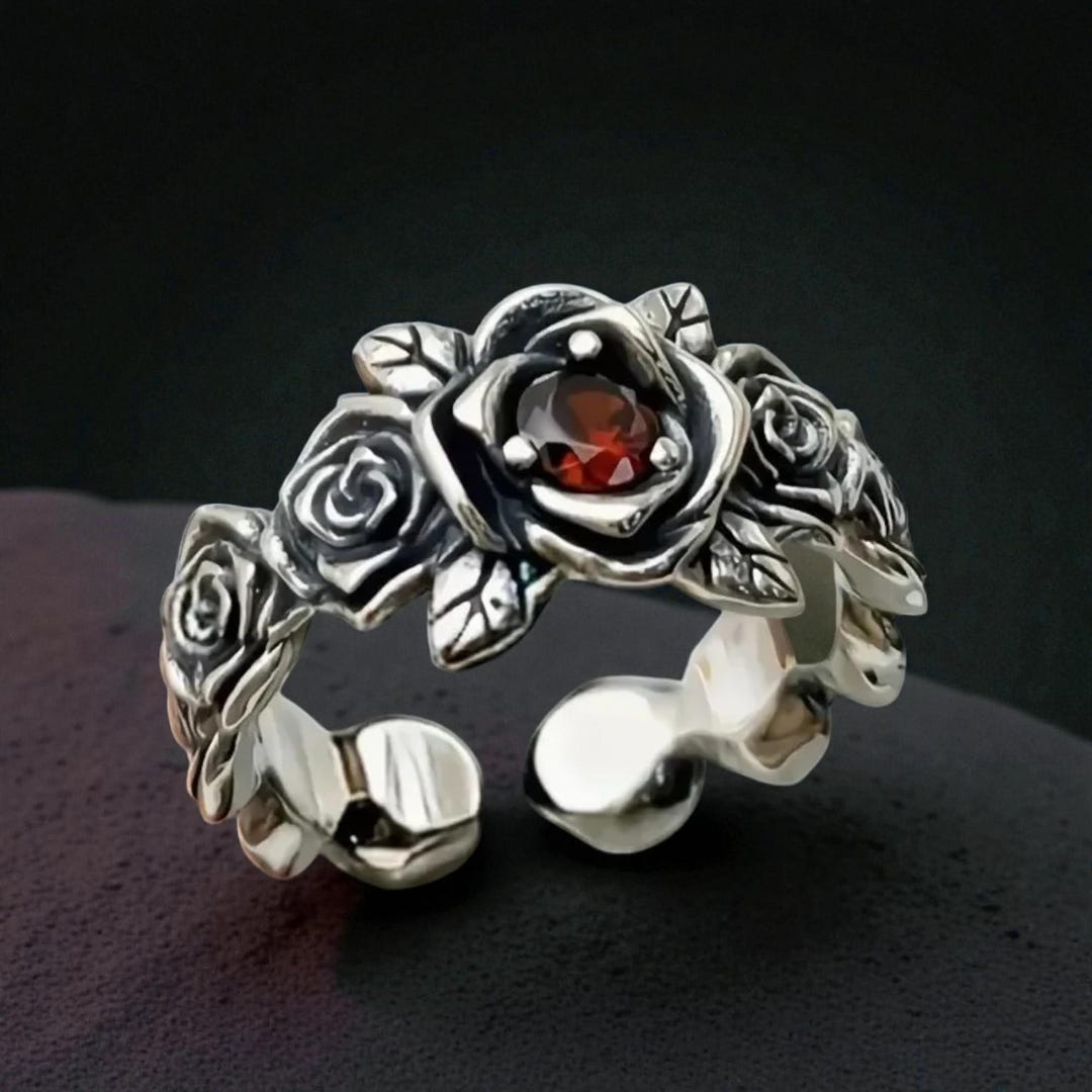 Gothic Red Rose Ring – Vintage Silver Zircon Flower Adjustable Unisex ...