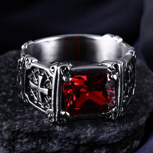 Red Zircon Cross Ring for Men, Vintage Zinc Alloy Cocktail Jewelry Gift