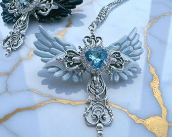 Crown Heart Angel Wings Cross Necklace – Crystal Pendant Choker, Gothic Unisex Jewelry Gift
