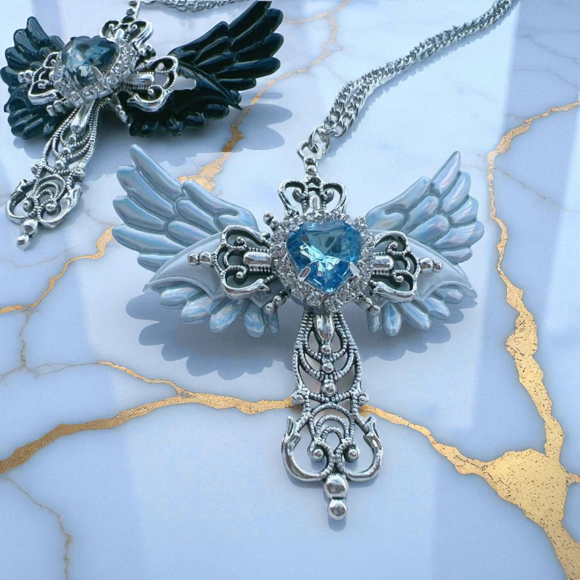 Unisex Gold Angel Wings Cross Pendant Necklace – Diamond Accent, Jesus Crucifix Gift