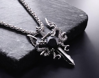 Dragon Sword Cross Pendant Necklace, Stainless Steel Gothic Jewelry, Red Black White Gem
