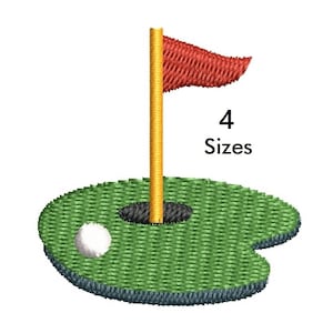 Könnte beinhalten: Ein gesticktes Design eines grünen Golf-Putting-Greens mit einem schwarzen Loch, einem gelben Fahnenmast und einer roten Flagge. Ein weißer Golfball liegt auf dem Grün. Der Text 4 Sizes ist in Schwarz neben dem Fahnenmast auf diesem Golf-Motiv gedruckt.