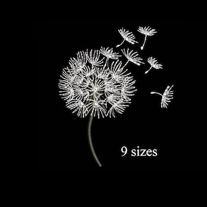 May include: A detailed illustration of a dandelion with seeds blowing away, rendered in white against a black background. The text "9 sizes" is displayed below the dandelion.