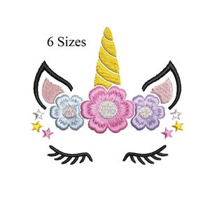 May include: Embroidered unicorn face with a golden horn, black eyelashes, and floral crown in pink, blue, and purple. The design includes star accents and the text "6 Sizes".