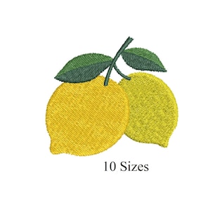 May include: Embroidered design of two yellow lemons with green leaves and stems. The text "10 Sizes" is below the lemons. The design is on a white background. This image is suitable for embroidery projects.