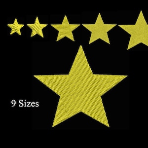 Peut inclure: Motifs de broderie d'étoiles jaunes en neuf tailles, sur fond noir. Les étoiles sont disposées en tailles variées, la plus grande étant en bas. Le texte "9 Sizes" est affiché sous la plus grande étoile.
