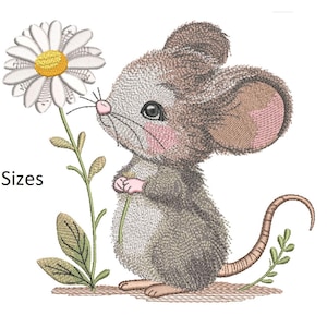 May include: An embroidered design of a cartoon mouse with a daisy. The mouse is gray with pink accents and is holding the flower. The daisy has white petals and a yellow center. The text "6 Sizes" is in the image.