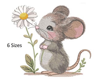 Mouse with flower Machine Embroidery Design, Cute mouse Embroidery File, Machine Embroidery, Instant Download, 6 Sizes