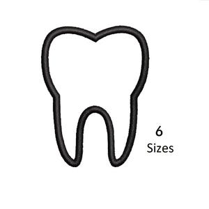 May include: A black outline of a tooth on a white background. The tooth is a simple, stylized illustration with a rounded top and two roots. The text "6 Sizes" is next to the tooth.