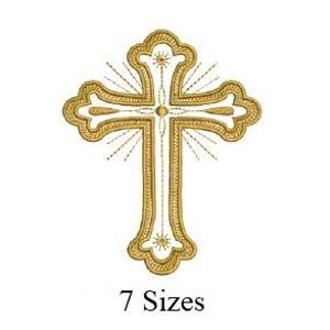 Może przedstawiać: Złoty haftowany krzyż o ozdobnym wzorze. Krzyż ma szczegółową obwódkę i promieniujące linie na białym tle. Pod krzyżem znajduje się napis "7 Sizes".