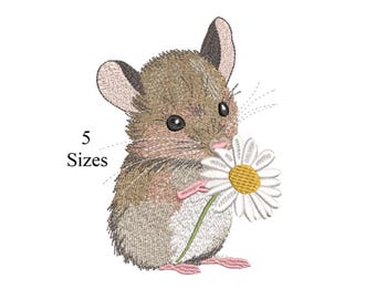 Mouse with flower Machine Embroidery Design, Cute mouse Embroidery File, Machine Embroidery, Instant Download, 5 Sizes