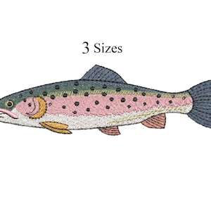 May include: An embroidered rainbow trout design featuring a dark green back with black spots, a pink lateral stripe, and a white underbelly. The fish has blue-grey fins and tail, with yellow accents on the gill and pectoral fin. Text reads 3 Sizes.
