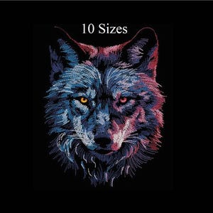 May include: A detailed illustration of a wolf's head, rendered in a mosaic style with blue, red, and white dots against a black background. The wolf has piercing yellow and red eyes. The text "10 Sizes" is at the top.