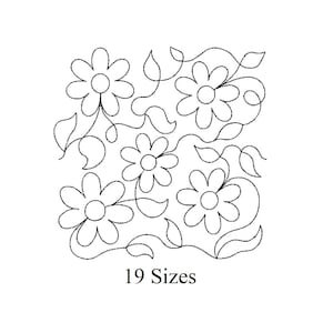 Könnte beinhalten: Ein schwarz-weißes Blumenmuster mit gänseblümchenartigen Blüten, Blättern und Ranken. Der Text "19 Größen" befindet sich unten und gibt die Größenoptionen an. Geeignet für Quilting- oder Stickprojekte. Das Design ist quadratisch.