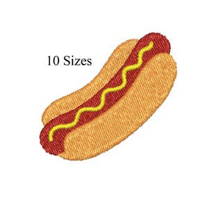 May include: Embroidered hot dog with a red sausage, yellow mustard, and a tan bun. The text "10 Sizes" is above the hot dog.