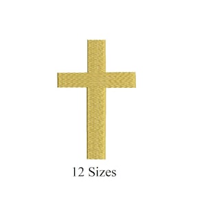 Può includere: Una croce color oro con una superficie strutturata è centrata su uno sfondo bianco. Il testo "12 Taglie" è sotto la croce.