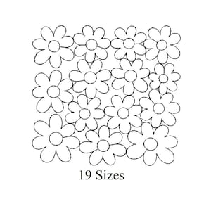 Pode incluir: Ilustração a preto e branco de flores de margarida dispostas em forma quadrada. O texto "19 tamanhos" está abaixo das flores.