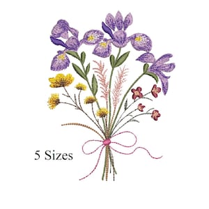 May include: Embroidered floral bouquet featuring purple irises, yellow flowers, and red accents, tied with a pink ribbon. The text "5 Sizes" is displayed below the bouquet.