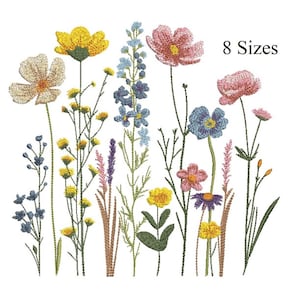 May include: An embroidered floral design featuring a variety of wildflowers in shades of yellow, pink, blue, and purple. The text "8 Sizes" is displayed above the flowers. The design is on a white background.