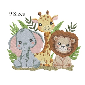 May include: An embroidered design featuring a cute elephant, giraffe, and lion surrounded by green leaves. The animals are in soft colors, with the text "9 Sizes" in the upper left corner. This design is suitable for baby and children's items.