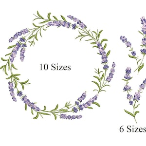 Puede incluir: Imagen con diseños de lavanda bordados. Se muestra una corona circular y ramitas individuales de lavanda. La corona tiene el texto "10 Tamaños" y las ramitas "6 Tamaños". La lavanda es morada con hojas verdes.