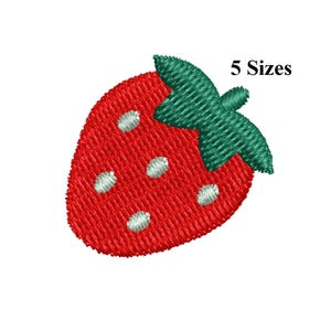 May include: Embroidered red strawberry with green leaves and white seeds. The text "5 Sizes" is displayed above the strawberry. This design is likely for embroidery projects, patches, or fabric crafts.