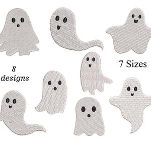 May include: Embroidered ghost designs in various shapes and sizes. The image shows eight different ghost designs with black eyes and smiling mouths. The text "7 Sizes" and "8 designs" is also included.
