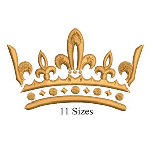 May include: A gold-colored crown design with intricate details, featuring fleur-de-lis and decorative elements. The text "11 Sizes" is displayed below the crown. The design is likely for embroidery or digital use.