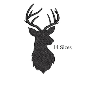 May include: A black silhouette of a deer head with large antlers. The deer's head is facing left, and the image includes the text "14 Sizes" in the lower right corner. The design is suitable for embroidery or crafting projects.