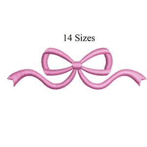 May include: A pink embroidered bow with flowing ribbons. The text "14 Sizes" is above the bow. The bow is a light pink color and is centered on a white background. The embroidery has a textured appearance.