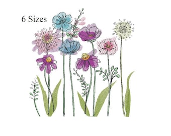 Watercolor Flowers Embroidery Designs, Meadow Flower Machine Embroidey Design File, Light Sketch Stitch Flower embroidery, 6 sizes