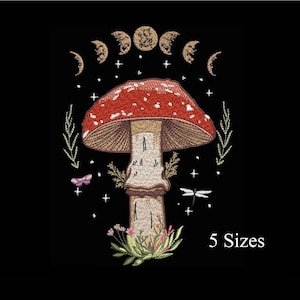 May include: Embroidered design featuring a red and white mushroom with a detailed cap, set against a black background. The design includes moon phases, stars, a butterfly, and a dragonfly. The text "5 Sizes" is at the bottom.