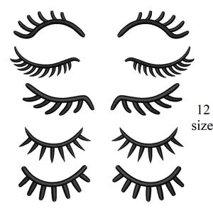 May include: Black embroidered eyelash designs in various styles. The image shows six pairs of eyelashes, each with a unique curve and lash length. The text "12 sizes" is displayed in the lower right corner, indicating size options.