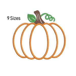May include: An orange pumpkin embroidery design with a brown stem, green leaf, and curly vine. The text "9 Sizes" is displayed in black. Ideal for autumn-themed crafts and decorations.
