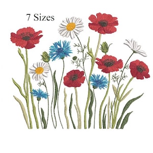 Puede incluir: Diseño floral bordado con amapolas rojas, margaritas blancas y acianos azules. La imagen incluye el texto "7 Tamaños". Las flores tienen tallos y hojas verdes, sobre un fondo blanco. Adecuado para proyectos de bordado.