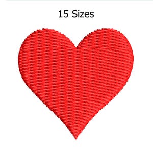 Puede incluir: Un diseño en forma de corazón rojo con una apariencia texturizada y cosida. La imagen incluye el texto "15 Tamaños" en la parte superior. El corazón es de un color rojo sólido y vibrante, perfecto para varios proyectos de manualidades o diseños.