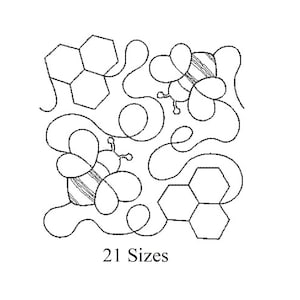 Puede incluir: Dibujo lineal en blanco y negro de abejas, formas de panal y líneas onduladas. La imagen incluye el texto "21 Tamaños". Adecuado para proyectos de acolchado o bordado.
