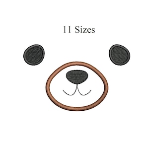 May include: Embroidered bear face design with black ears, nose, and a brown oval mouth. The text "11 Sizes" is above the bear face. This design is suitable for various craft projects.