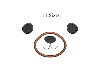 May include: Embroidered bear face design with black ears, nose, and a brown oval mouth. The text "11 Sizes" is above the bear face. This design is suitable for various craft projects.