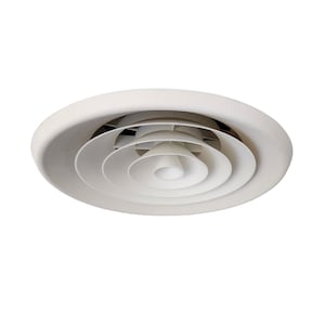 May include: A white, circular ceiling vent with a spiral design. The vent features concentric rings, creating a swirling pattern. The vent is made of a smooth, matte material and is set against a white background.