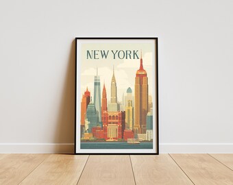 Vintage NYC Skyline Poster | Retro New York City Wall Art (Digital Download)