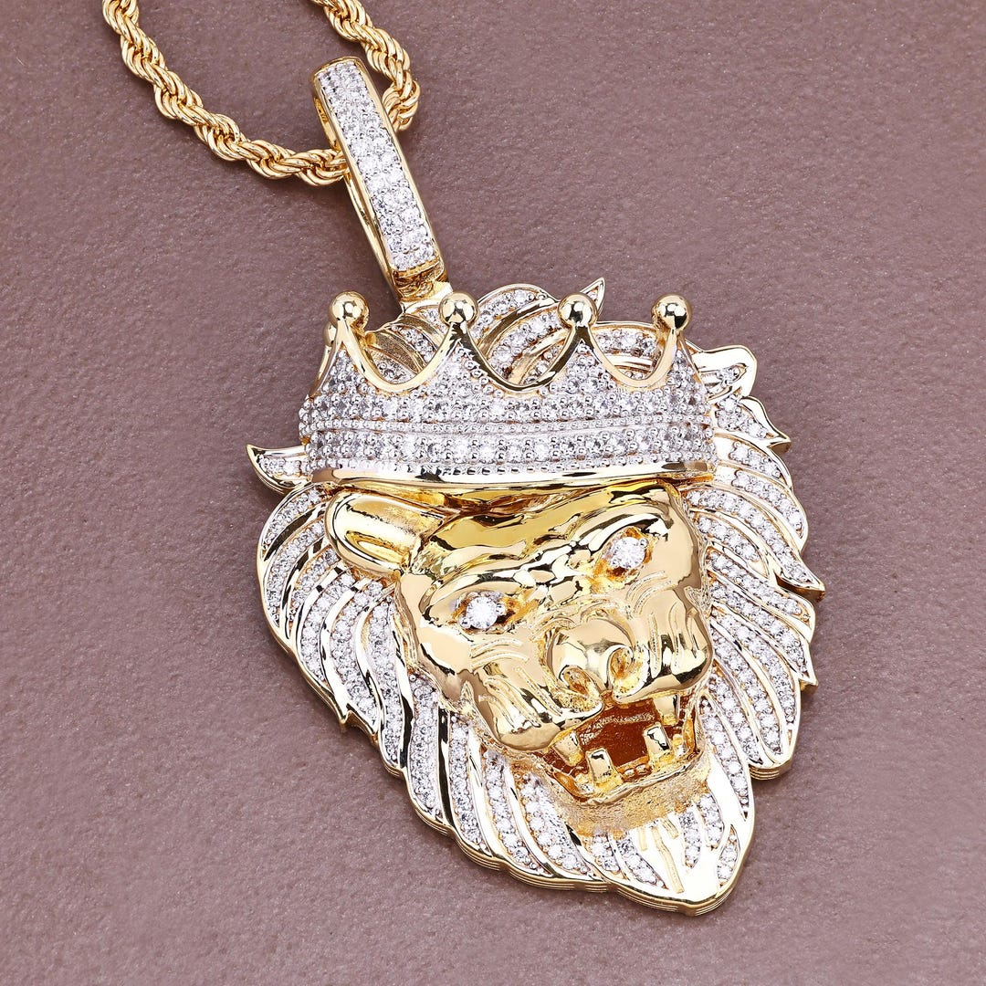 Lion Rapper Chain Iced Out Simulated Diamond Lion King of the Jungle Pendant, 14K Yellow ...