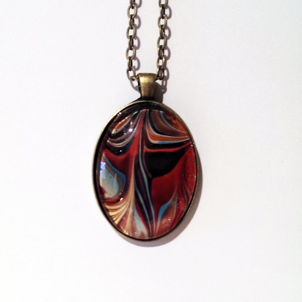 Art to Wear around Your Neck! Hand Painted Portable Art Necklace - Multicolored Pendant in an Oval Shape, Antique Bronze Finish